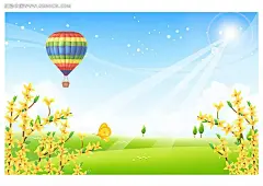 春天大自然小花蝴蝶热气球背景画AI|背景画|风景画|矢量素材|矢量图形|手绘画|手绘图形|水彩画|图形设计|图形图标