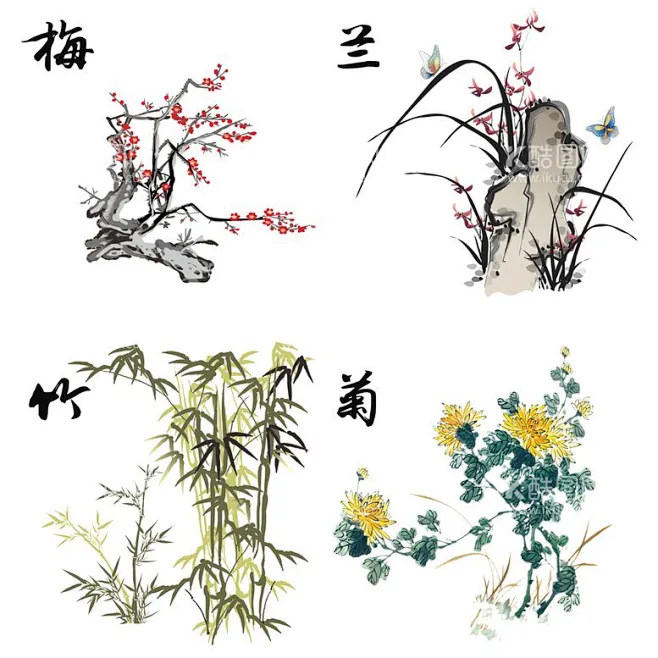 梅兰竹菊 - 源文件下载【酷图网】梅兰竹菊,梅花,兰花,菊花,竹,竹子,四君子,高清,国画,水墨,腊梅,蜡梅,-花瓣网