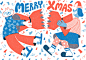 Illustration of a cat and dog in human clothing pulling apart a giant cracker.
