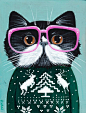 CAT由KilkennycatArt丑陋的圣诞毛衣原始民间艺术绘画： 