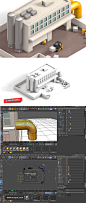 C4D 低多边形工厂楼房教程 3D模型 