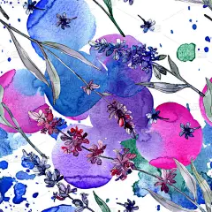 薰衣草花卉植物花。野生春叶野花。水彩插图集。水彩画时尚水瓶座。无缝的背景模式。织物壁纸打印纹理.