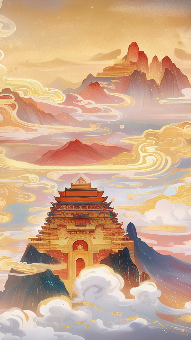 千库网_中国风天上宫阙国潮金色宫殿建筑1_插画编号194109