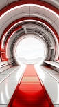 Red and white futuristic red circular door tunnel in futuristic futurist interior 3d, in the style of light gray and light bronze, clear edge definition, long lens, metallic texture, high-angle, iso 200, light-filled