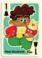 This may contain: a card with an image of a woman holding a cat and wearing glasses on it