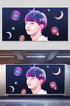 月亮梦幻唯美手绘插画