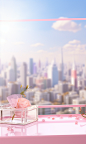 a pink box with flowers in it, in the style of grandiose cityscape views, anime inspired, glass as material, soft and dreamy atmosphere, spectacular backdrops, playful details, spatial concept