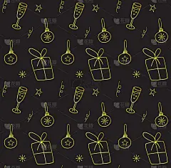 矢量无缝模式的黄金手绘涂鸦素描新年圣诞元素