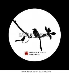 中国古典优雅 树枝手绘 喜鹊雀鸟水墨中国画 矢量剪影 标志元素