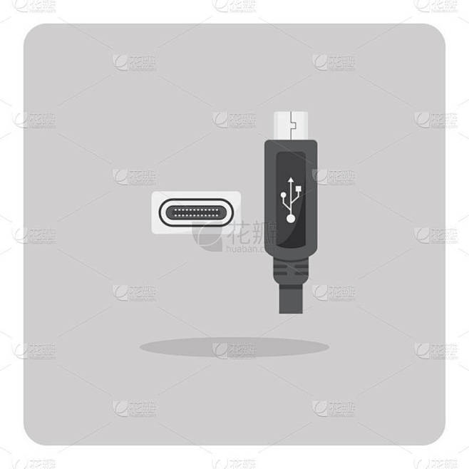 平面图标的矢量设计，隔离背景上的 Usb Type-C 电缆连接器.