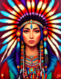 a painting of a native american woman with feathers on her head, digital art by Jeka Kemp, shutterstock contest winner, psychedelic art, art, psychedelic, detailed painting