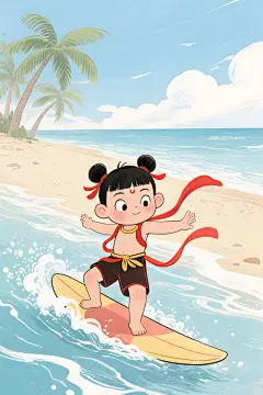哪吒海边冲浪玩耍卡通绘画