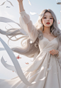 01155--9-a woman,white_background,grey hair,white ribbons fluttering up in the air,beautiful and romantic,curly hair,white petals fall,