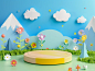 3D rendering in a cartoon style for a children's background podium design featuring a blue sky and green grass in the foreground, with a colorful wood circle platform for product display surrounded by mountains, trees, flowers, and small clouds.  The them