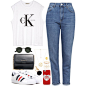 A fashion look from April 2016 featuring white vest, high waisted jeans and white shoes. Browse and shop related looks.