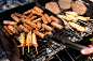 煤,户外,肉,野餐,烤肉架,美味,烧烤猪肉,野餐烤牛肉,鸡腿,经加工的肉