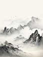 极简主义山水插图，水墨山脉清晰黑白