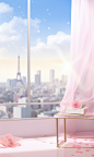 a pink box with flowers in it, white curtains，in the style of grandiose cityscape views, the Eiffel Tower in the city, sun halo in the foreground,anime inspired, glass as material, soft and dreamy atmosphere, spectacular backdrops, playful details, spatia