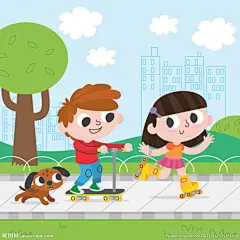 卡通儿童节玩滑轮车的孩子