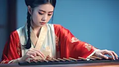 (3/4)一个亚洲女孩在北朝南朝风格的蓝色背景上演奏木槌，32K UHD，何佳颖，音乐学院，图像拼贴，音像，宁静的视觉(AI绘图来自WeDraw.art)