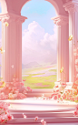 3d space background with pillars and flowers, in the style of childlike innocence and charm, pastel-colored scenes, vibrant stage backdrops, romanticized views, natural beauty, pink and orange, windows vista