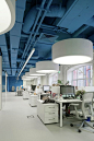 The saturated blue ceiling and wall surrounds bright whites in this media agency’s office.