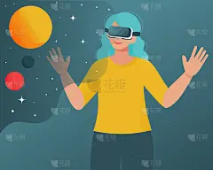 戴着虚拟现实眼镜看宇宙的女人。矢量插图在平面风格