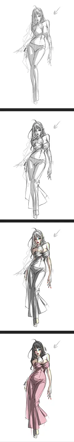 服装设计手绘图 效果图 模特插画 人体比例 漫画动漫人物风格线稿 灵感 配色 素材 原创