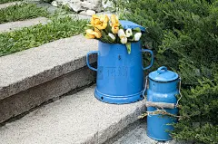 石阶上的蓝色搪瓷罐