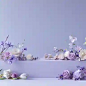 ground-scattered，scattered，A Light purple background with white and purple flowers, roses, and irises and other flowers on the right side of the picture, a large empty space in front of it for product display. The left half is a white box with a simple de