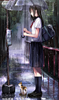 动漫雨中场景背景撑伞打伞少女角色原画插画CG高清壁纸图片素材-淘宝网
