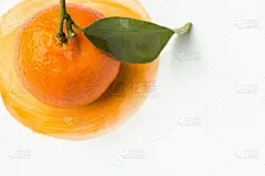 成熟的生鲜亮的桔黄色和茎绿色的叶子上手绘水彩飞溅画笔描背景在白纸上。夏季水果，柑橘，维生素，素食，健