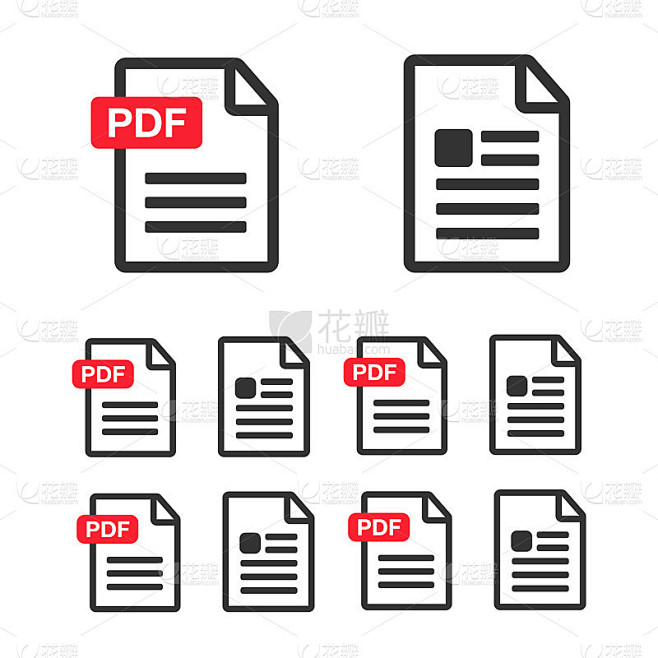 PDF文档图标集。文件图标。PDF文件下载图标