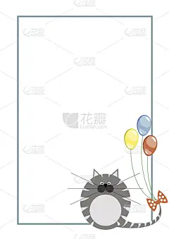 矢量空白的信件或贺卡。白色的纸形式与灰色漂亮的猫，彩色的气球，和边界。A4格式大小。