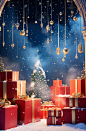 Christmas scene with lots of gifts and a box, in the style of vibrant stage backdrops, aurorapunk, zhang kechun, dreamlike atmosphere, photorealistic scenes, eye-catching, theatrical