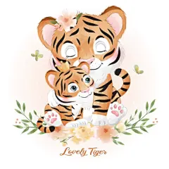 可爱的老虎母子温馨拥抱插画艺术设计素材