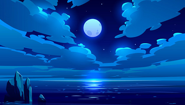 满月的夜晚海洋卡通插图免费矢量