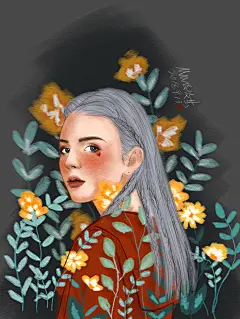 插画， 电脑绘画。， 头像，绘画， 日系，文艺，仙女，花卉