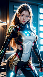  1girl,Future style gel coat,Future Combat Suit,Machina Force,blue eyes,blurry background,bodysuit,breasts,Glowing Clothing,Clothing with multiple light sources,Girl's posture,Above thighs,Upper body,Dynamic pose,depth of field,earrings,lips,long hair,loo