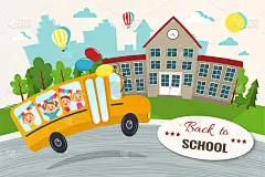 欢迎回到学校矢量插图。带孩子的校车