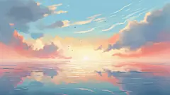 水彩插画治愈唯美天空插画云海梦幻温暖唯美桌面壁纸落日余晖