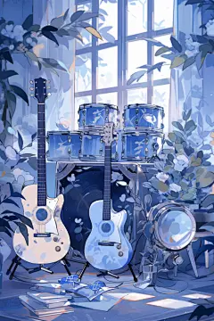 蓝天白云吉他梦幻花丛场景音乐乐器天空插画