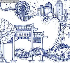 线描海门老街图片