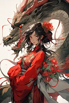 水墨古装红衣少女古风女孩和龙插画