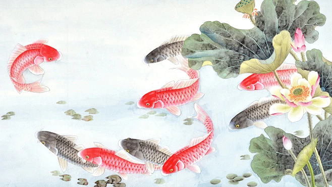 General 3840x2160 carp lotus flowers pond fish animals artwork-花瓣网