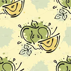 矢量水果无缝模式。苹果用树叶、装饰元素、斑点、水滴、飞溅手绘等高线和笔画素描风格，图形矢量绘图插画