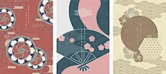 东方日式抽象图案背景设计几何波浪动花和折扇图标