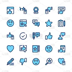 反馈，推荐，奖状，客户评论线图标集。现代平面设计理念，简单的符号，直线笔画的网页元素，象形图的集合。