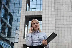 自信的女人拿着文件打电话。