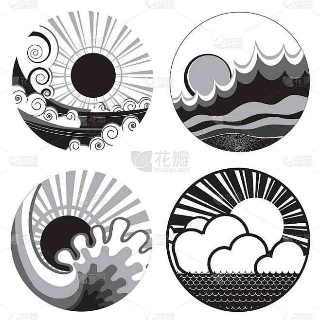 太阳和海浪。矢量黑白图形图标的插图海景